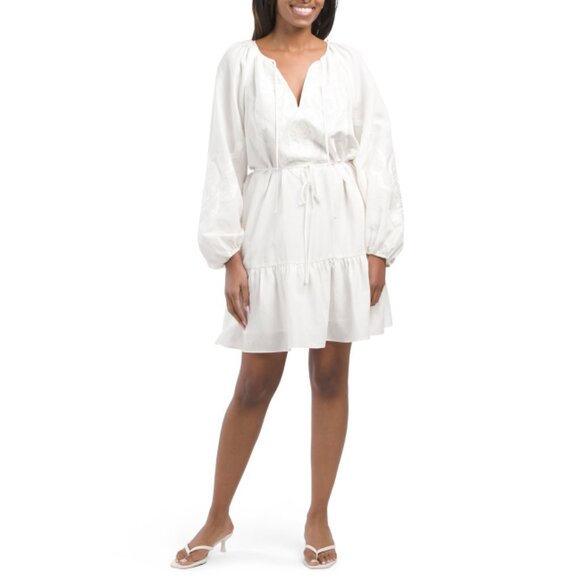 KOBI HALPERIN White/White Linen Blend Lucy Long Sleeve Embroidered Mini Dress